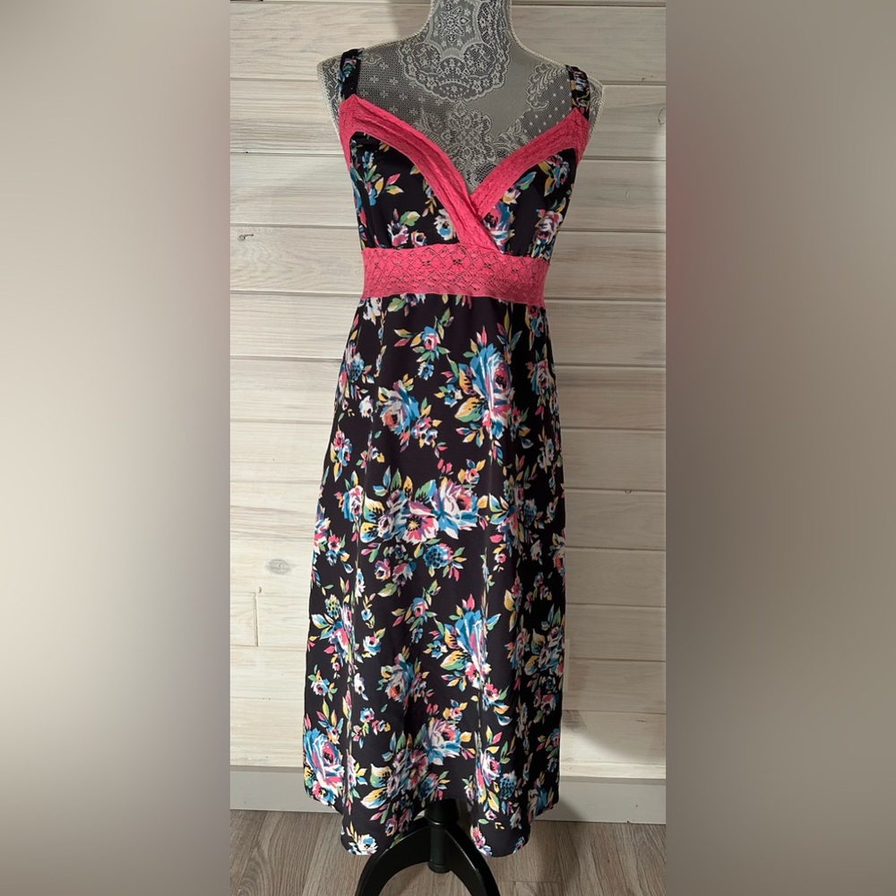 Vintage Betsey Johnson 90’s Nostalgia Floral Crochet Lace Trim Midi Dress Large